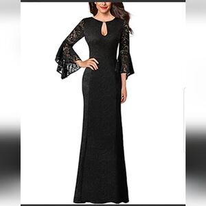 Vfshow Womens Floral Lace Keyhole Front Ruffle Bell Sleeve Formal Evening Large